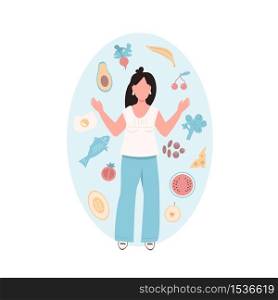 Slim woman flat color vector faceless character. Vegetable and nutritious food for female health. Ingredient to cook. Healthy diet isolated cartoon illustration for web graphic design and animation. Slim woman flat color vector faceless character