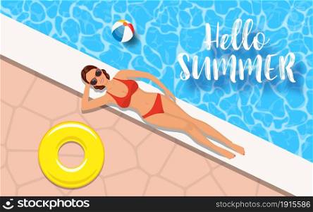 Slim woman in bikini relaxing by the swimming pool. ummer vacation, happiness, travel, smile joy, top view. Vector illustration in flat style. Slim woman in bikini relaxing by the swimming pool