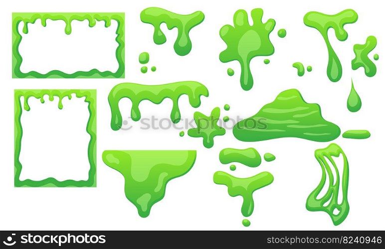 Slime background border frame and green mucus halloween. Ooze or goo poison splash drip and jelly vector illustration. Cartoon liquid sludge and toxic sticky blob. Slimy phlegm gelatin and spooky snot