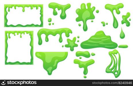 Slime background border frame and green mucus halloween. Ooze or goo poison splash drip and jelly vector illustration. Cartoon liquid sludge and toxic sticky blob. Slimy phlegm gelatin and spooky snot
