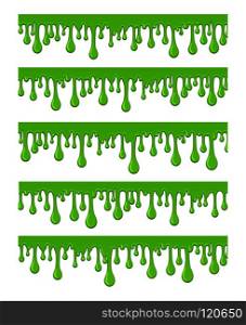 Slime drops and blots. Vector green dripping slime glutinous snot blobs isolated on white background. Slime drops and blots