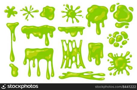 Slime splashes set. Green blobs of mucus or goo. Flat vector illustration, liquid abstract shapes isolated on white background