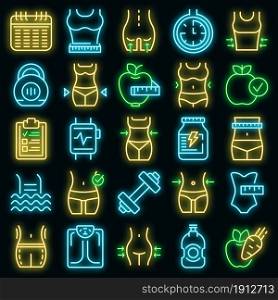 Slimming icons set. Outline set of slimming vector icons neon color on black. Slimming icons set vector neon