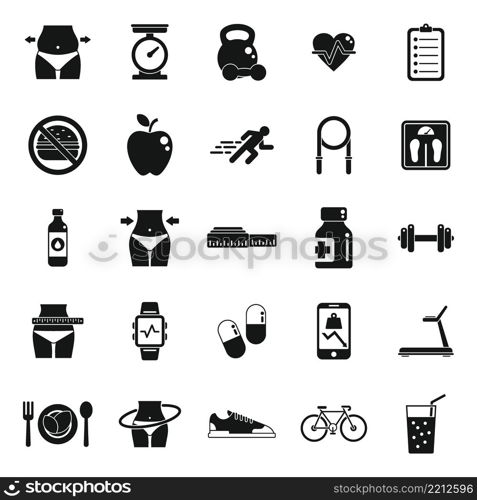 Slimming icons set simple vector. Weight loss. Fat fit. Slimming icons set simple vector. Weight loss