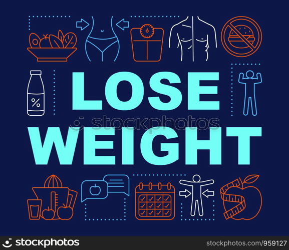 Slimming, lose weight word concepts banner. Healthy lifestyle presentation, website. Isolated lettering typography idea with linear icons. Vitamin diet, calories burn. Vector outline illustration