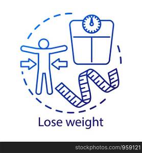 Slimming, weight loss concept icon. Vegetarian nutrition benefits idea thin line illustration. Calories burn, healthy lifestyle. Measuring tape and scales vector isolated outline drawing