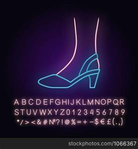 Slingback high heels neon light icon. Woman stylish and classic footwear design. Female formal d orsay shoes side view. Glowing sign with alphabet, numbers and symbols. Vector isolated illustration