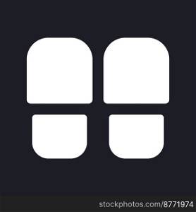 Slippers dark mode glyph ui icon. Hotel provides footwear for room. User interface design. White silhouette symbol on black space. Solid pictogram for web, mobile. Vector isolated illustration. Slippers dark mode glyph ui icon
