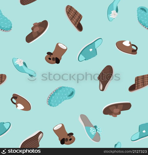 Slippers seamless pattern. Hand drawn home footwear, fur shoes and cozy sandals, vector illustration of cute comfortable shoe set. Slippers seamless pattern