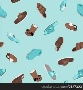 Slippers seamless pattern. Hand drawn home footwear, fur shoes and cozy sandals, vector illustration of cute comfortable shoe set. Slippers seamless pattern