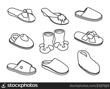 Slippers sketches. Hand drawn fashion sneakers for home, outline of stylish sandals, vector illustration of scribble shoes image isolated on white background. Slippers sketches set