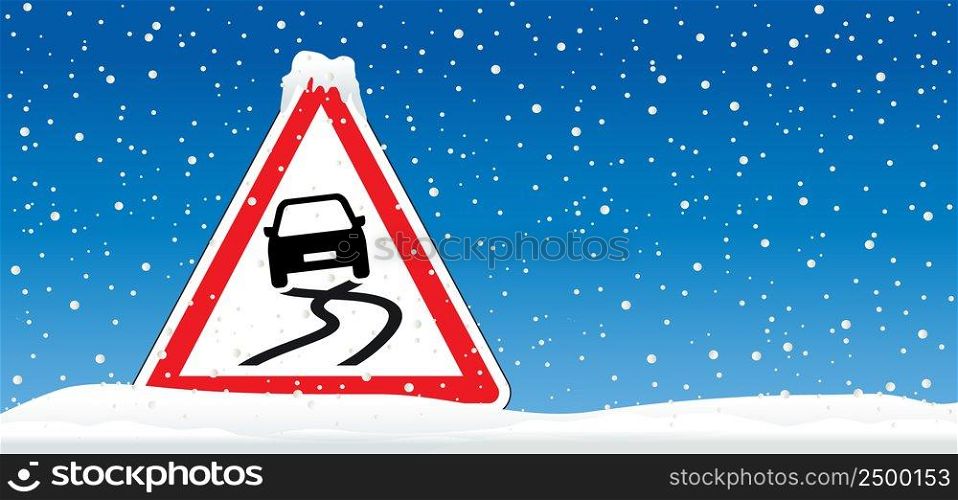 Slippery road. Car skidding uncontrollably across the highway. Warning, vehicle skidding across the road. Caution signboard. Traffic, city, street. Car skid, traffic sign. Car accident. Winter check.