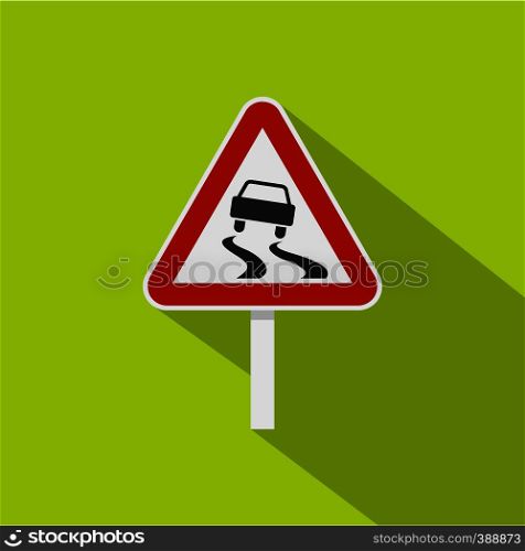 Slippery when wet road sign icon. Flat illustration of slippery when wet road sign vector icon for web isolated on lime background. Slippery when wet road sign icon, flat style