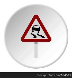 Slippery when wet road sign icon in flat circle isolated vector illustration for web. Slippery when wet road sign icon circle