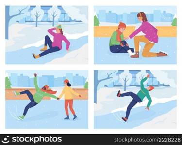 Slipping on ice flat color vector illustration set. Woman hit head. Child bumped knee. Man on ice skates. Falling 2D cartoon characters with winter urban scenery on background collection. Slipping on ice flat color vector illustration set