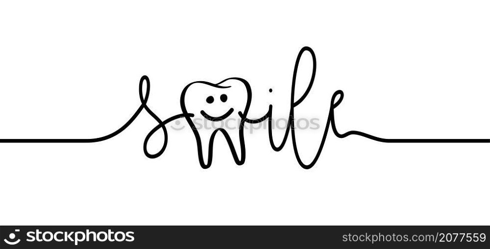 Slogan happy smile with te letter m as tooth. Teeth icon or pictogram. Vector dentist symbol. Cartoon dent logo. healthy or human quote. teeth dental care