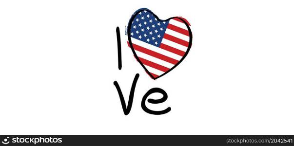 Slogan i love america with with the Colors of eu flag. America (USA, VS) slogans. Love, heart romance icons. Vector best quotes signs for banner or card. Happy motivation and inspiration message concept. Love romantic travel, vacation holiday quote.