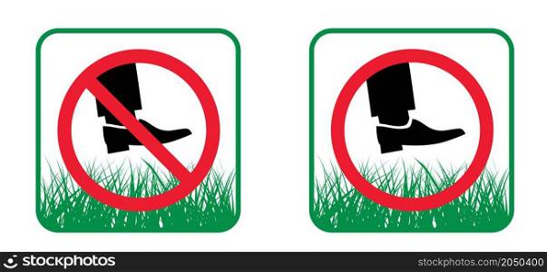 Slogan keep off the grass or please stay off the grass sign. Vector green lawns quote Stop halt allowed Do not enter or entry No ban, allowed no walking people. Stepping symbol Do not steps. No dogs