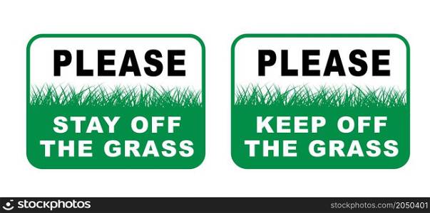 Slogan keep off the grass or please stay off the grass sign. Vector green lawns quote Stop halt allowed Do not enter or entry No ban, allowed no walking people. Stepping symbol Do not steps. No dogs