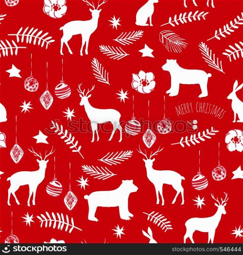 Slogan Merry Christmas. Decoration, flower, branch, star, animals bear, deer, rabbit seamless pattern. Xmas wallpaper on the red background