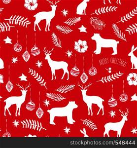 Slogan Merry Christmas. Decoration, flower, branch, star, animals bear, deer, rabbit seamless pattern. Xmas wallpaper on the red background