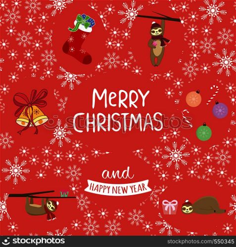 Slogan Merry Christmas. Xmas bell, ball, sock, sloth (lazybones) vector set