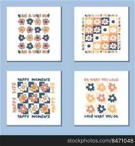 Slogan prints collection with daisy flowers in 1970s style. Hippie aesthetic floral stickers for T-shirt, textile and fabric. Hand drawn vector illustration for decor and design.