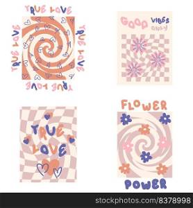Slogan prints with groovy flowers collection in 1970s style. Hippie aesthetic stickers for T-shirt, textile and fabric. Hand drawn vector illustration for decor and design.