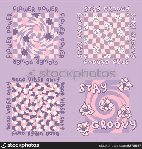 Slogan prints with groovy flowers on trippy grid collection in 1970s style. Hippie aesthetic floral stickers for T-shirt, textile and fabric. Hand drawn vector illustration for decor and design.