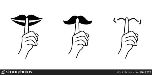 Slogan shhhh sign. Stop, please be quiet icon (psssst ). Forbad, silence no speaking or no talking. Funny vector flat icons silhouette Silent finger over lips or mouth sign. Sound off quote. Secret asking to silence