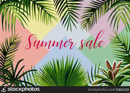 Slogan summer sale gift tags of tropical poster with palm leaves vector banner background layout on the geometrical pastel color background