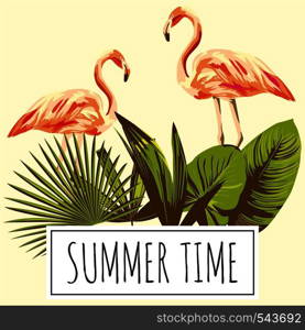 Slogan summer time tropical green leaves and pink flamingo bird retro, vintage style. Trendy wallpaper