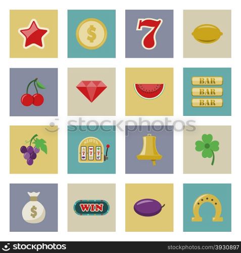 Slot machine and gambling flat icon set vector graphic illustration. Slot machine and gambling flat icon set