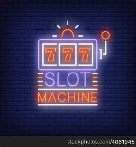 Slot machine colorful neon sign. Machine shape with triple seven on brick wall background. Night bright advertisement. Vector illustration in neon style for gambling