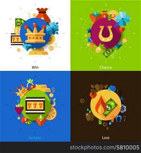 Slot machine concept icons set. Slot machine concept with win chance jackpot and loss icons set flat isolated vector illustration