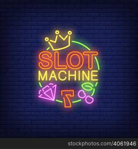 Slot machine neon sign. Number seven, diamond, crown, cherry and round frame on brick wall background. Night bright advertisement. Vector illustration in neon style for gambling