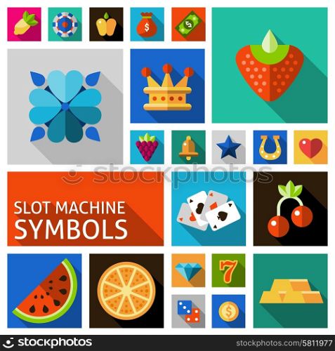 Slot machine symbols set. Slot machine symbols such as cards horseshoe strawberry crown flat shadow icons set isolated vector illustration