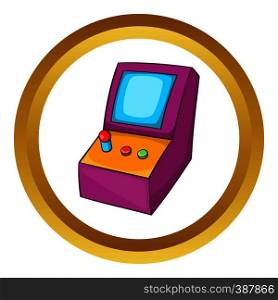 Slot machine vector icon in golden circle, cartoon style isolated on white background. Slot machine vector icon