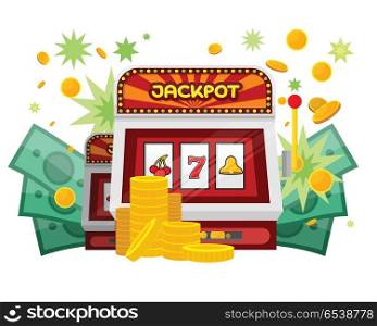 Slot Machine Web Banner Isolated on Green. Slot machine web banner isolated on green. One arm gambling device. Casino jackpot, slot machine, fruit machine, luck game, chance and gamble, lucky fortune. Vector illustration in flat style
