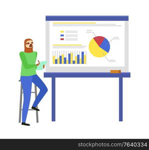 Sloth character in casual clothes holding paper and presenting board with charts and diagrams. Hipster animal standing near graphs, account report vector. Hipster Animal Presenting Diagram and Chart Vector