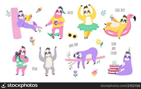 Sloth characters. Cute lazy animals in different poses, reading book, relaxing on tree branch, riding longboard, dancing on birthday party, childish decor elements, vector cartoon flat isolated set. Sloth characters. Cute lazy animals in different poses, reading book, relaxing on tree branch, riding longboard, dancing on birthday party, childish decor elements, vector cartoon set