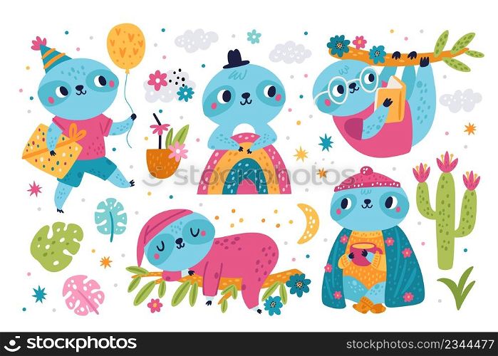 Sloth characters. Cute little animals in different poses and activities. Funny sleepy, reading, drinking tropical lazy creatures. Rainbow and palm leaves. Vector hanging on branches slow mammals set. Sloth characters. Cute animals in different poses and activities. Funny sleepy, reading, drinking tropical lazy creatures. Rainbow and palm leaves. Vector hanging on branches mammals set