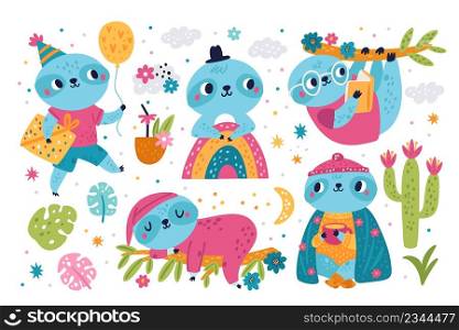 Sloth characters. Cute little animals in different poses and activities. Funny sleepy, reading, drinking tropical lazy creatures. Rainbow and palm leaves. Vector hanging on branches slow mammals set. Sloth characters. Cute animals in different poses and activities. Funny sleepy, reading, drinking tropical lazy creatures. Rainbow and palm leaves. Vector hanging on branches mammals set