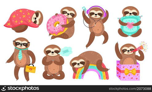 Sloth characters. Isolated sloths, lazy funny cartoon animal reading. Sleep on colorful rainbow, baby meditation dancing exact vector set. Sloth animal character isolated, cute cartoon illustration. Sloth characters. Isolated sloths, lazy funny cartoon animal reading. Sleep on colorful rainbow, baby meditation dancing exact vector set