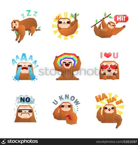 Sloth Emoticon Stickers Set. Sloth emotions set of nine isolated doodle style stickers with tree sloth character and text captions vector illustration