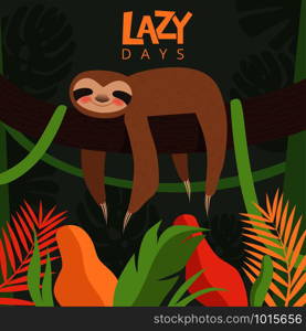 Sloth hanging branch. Poster design template with little sleepy baby cute animal vector cartoon picture. Illustration of banner lazy day, tropical hanging animal. Sloth hanging branch. Poster design template with little sleepy baby cute animal vector cartoon picture