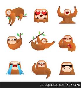 Sloth Polygonal Set. Different emotions of cute sloth polygonal set isolated on white background vector illustration