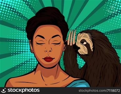 Sloth whispering to girl. Cartoon comic vector illustration in pop art retro style.