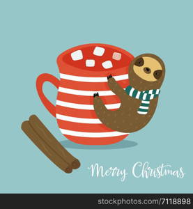 Sloth with cup of cacao and cinnamon bark. Christmas greeting, season wishes. Sloth and cup of cacao. Christmas greeting