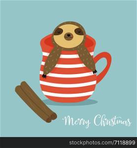 Sloth with cup of cacao and cinnamon bark. Christmas greeting, season wishes. Sloth and cup of cacao. Christmas greeting